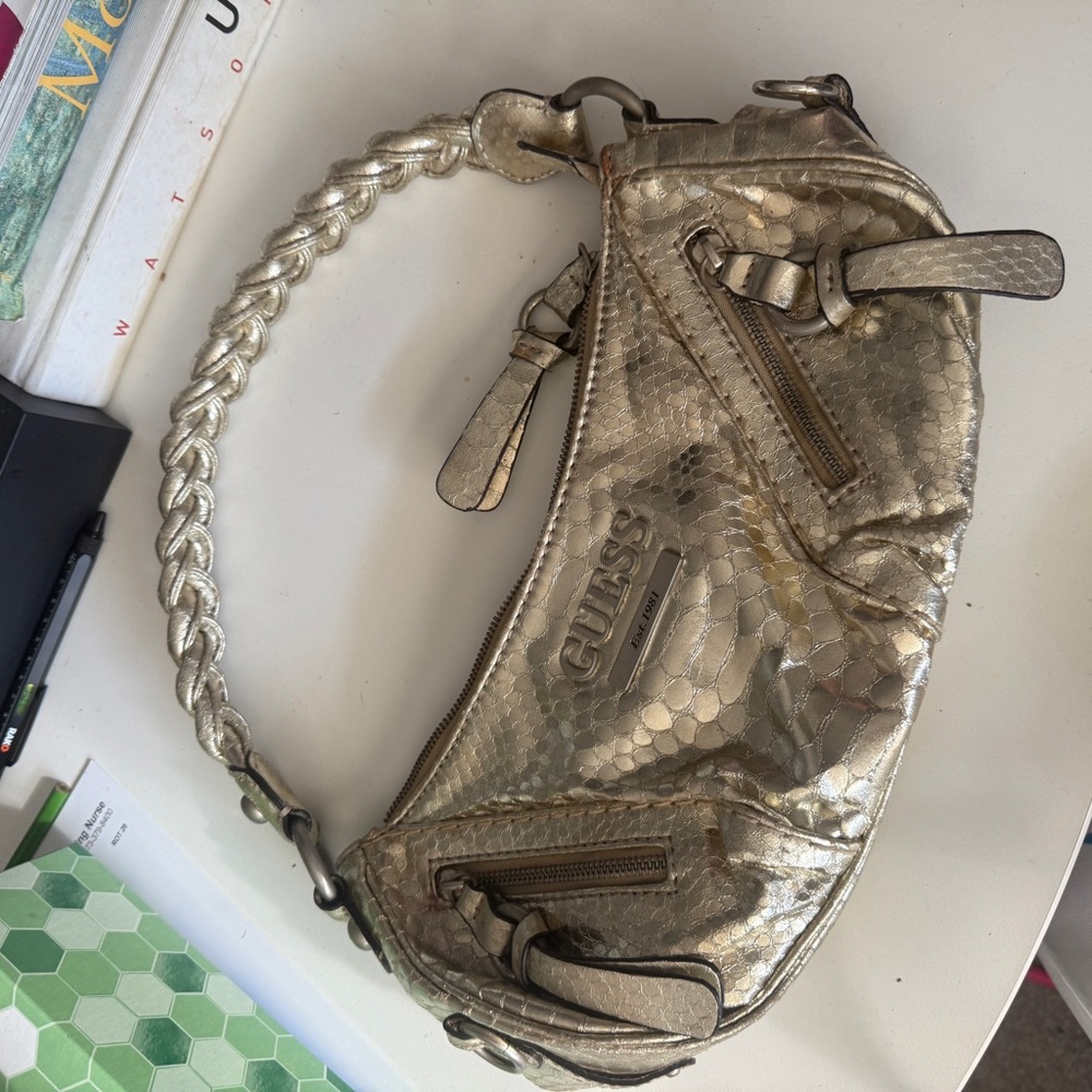 Guess Gold Metallic Shoulder Bag with Braided Handle